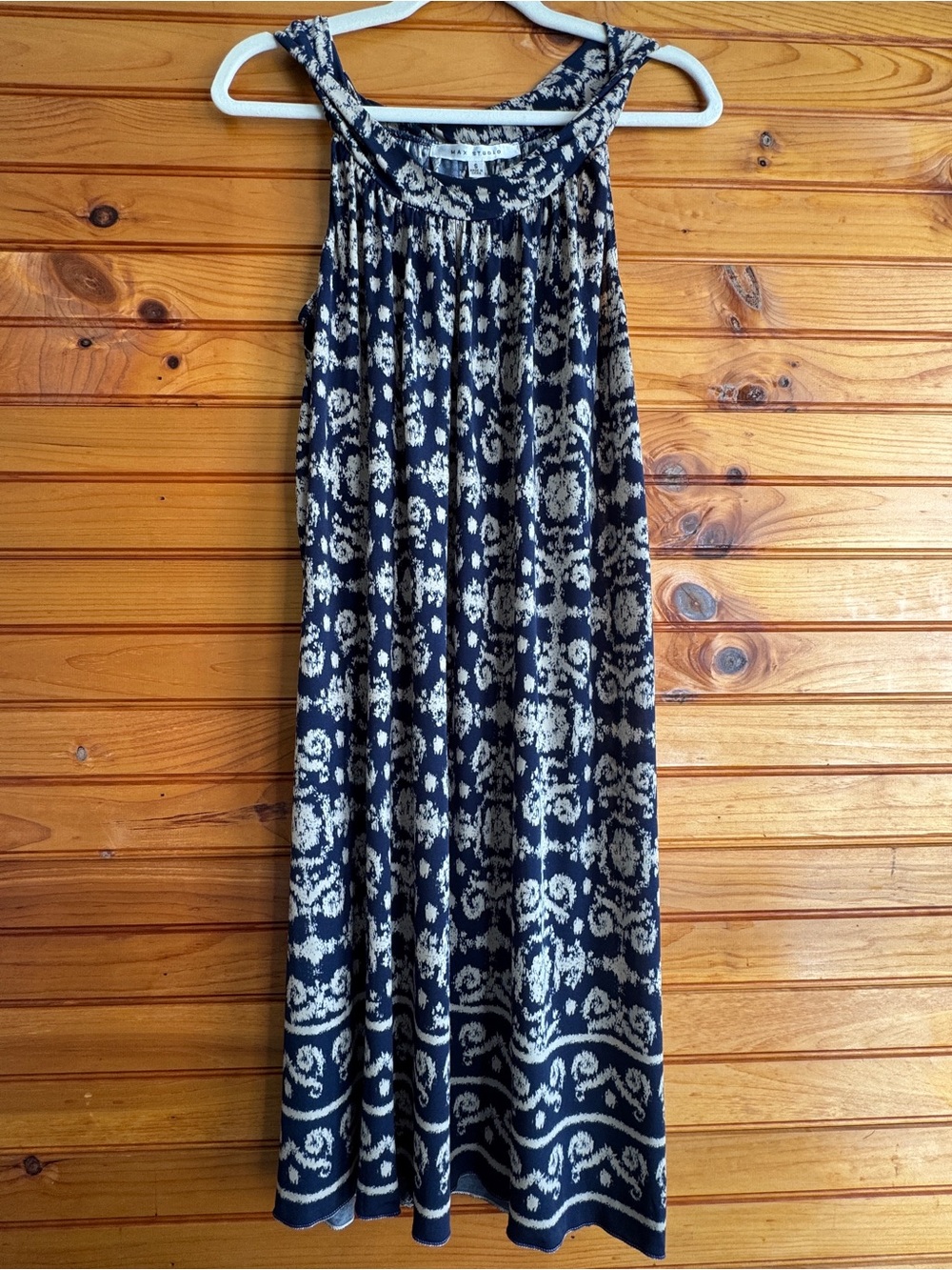 Max Studio Navy Cream Abstract Print Sleeveless Midi Dress Stretch S